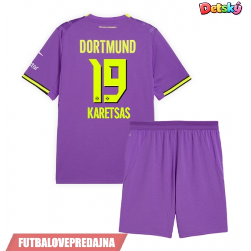 Lacne Dětský Futbalové dres Borussia Dortmund Konstantinos Karetsas #19 2026-27 Krátky Rukáv - Tretina (+ trenírky)